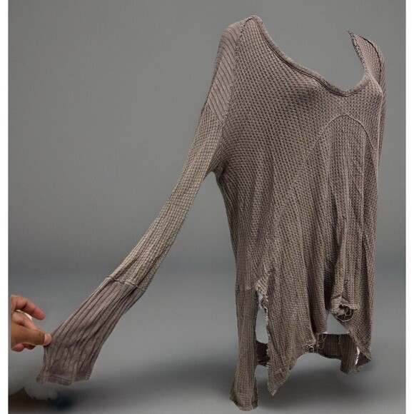 Free People Sunset Park Drippy Thermal Waffle Knit Top Long Sleeve Beige Tunic S - Picture 4 of 7